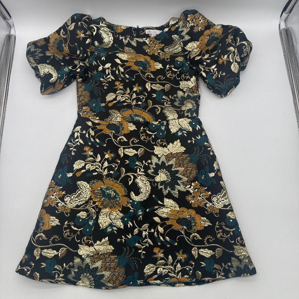 Girls GB Girls Black Gold Teal Floral Brocade Puff Sleeve Dress Size 10